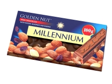 Шоколад молочный целый миндаль и изюм Golden Nut Millennium  100 г – ИМ «Обжора»