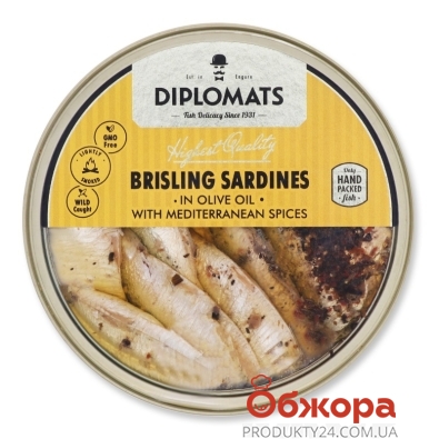 Конс. Diplomats Brisling sardines сардини в оливковій олії середземноморськими спеціями 160г – ІМ «Обжора»
