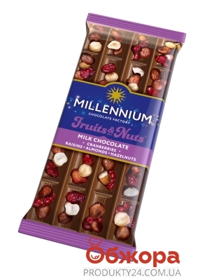 Шоколад Fruits&Nuts молочний мигдаль лісовий горіх журавлина родзинки Millennium 90 г – ІМ «Обжора»