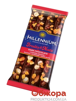 Шоколад Fruits&Nuts чорний мигдаль лісовий горіх цукати родзинки Millennium 90 г – ИМ «Обжора»