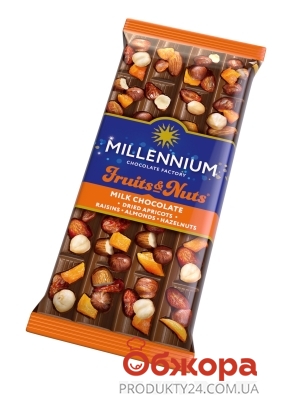 Шоколад Fruits&Nuts молочний мигдаль лісовий горіх курага родзинки Millennium 90 г – ІМ «Обжора»