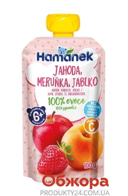 Пюре Наmе Hamanek 100г яблуко, полуниця, абрикос від 6міс пауч – ІМ «Обжора»