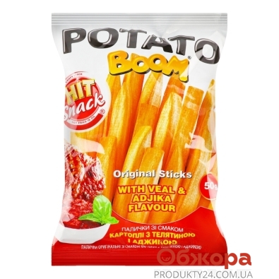 Снеки Potato boom 50г палички зі смаком картоплі, телятини та аджики – ІМ «Обжора»