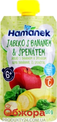 Пюре Наmе Hamanek 100г яблуко-банан-шпинат від 6міс пауч – ИМ «Обжора»