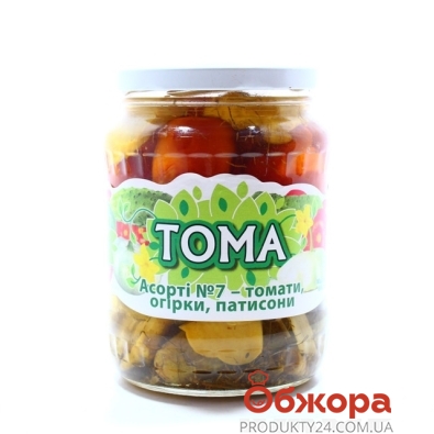 Ассорти овощное "Тома": патиссоны,помидоры,огурцы N7, 680 г – ИМ «Обжора»